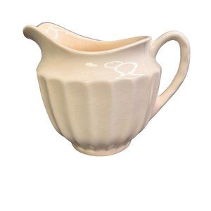 Vintage Ribbed White Ceramic Pitcher USA Handle Spout Crazing Distressed